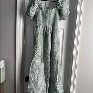 Hill House Scarlett Dress Green Sear sucker stripe